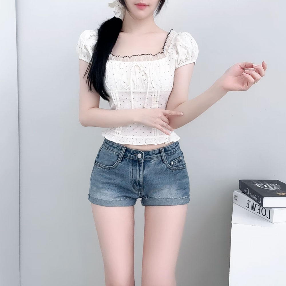 アシンメトリー デニム フレンチ肩 ショートパンツセット 507205 miniministore デニム ショートパンツ レディース韓国風