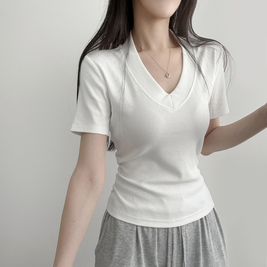 Vネッククロップドスリム半袖ギャザーTシャツ | レディース