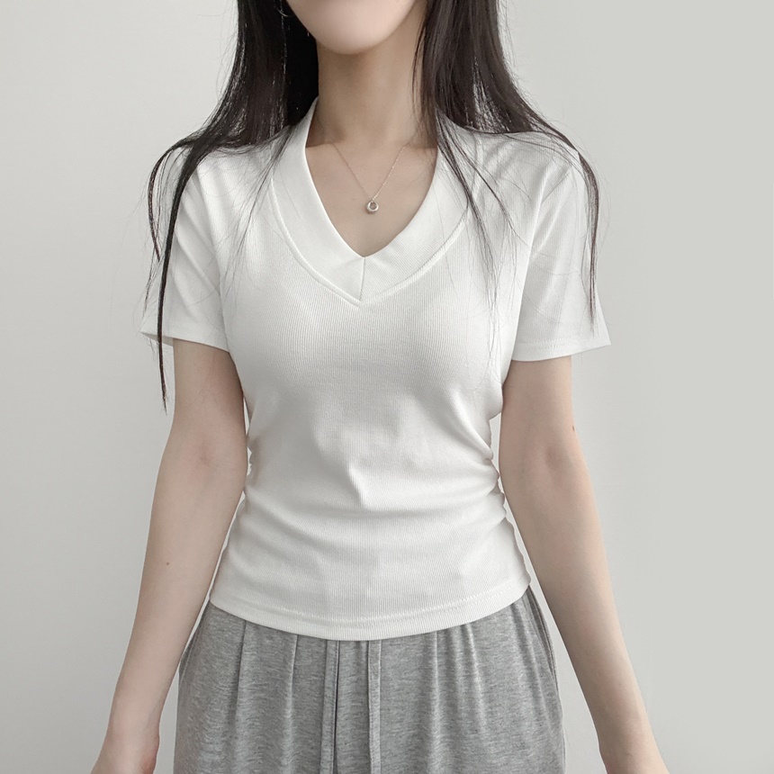 Vネッククロップドスリム半袖ギャザーTシャツ | レディース