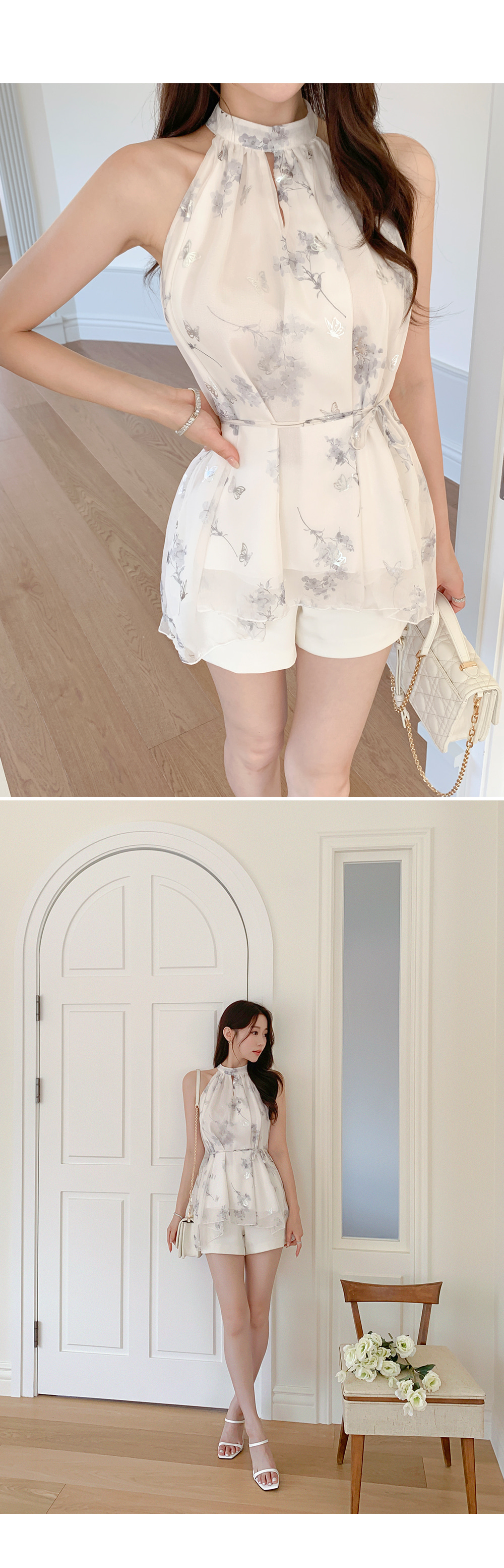 ストラップ付ソフトシフォンホルターネック小花柄ノースリ