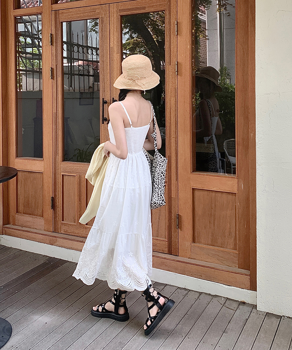 レース ティアード ワンピース パンチングレース ノースリ 上品 ロングティアードパンチング刺繍レースノースリワンピース
