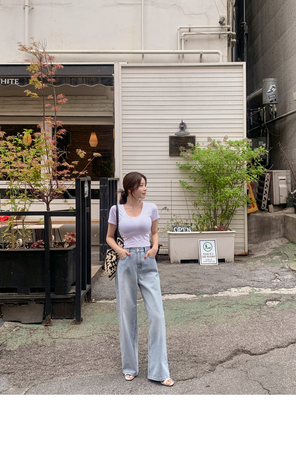 ハイウエストワイドストレートウォッシングライトブルーデニムパンツ