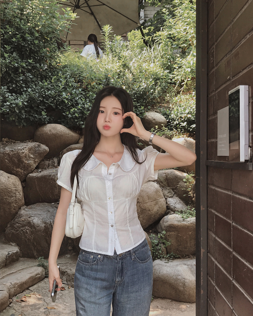 おかめさま美品✨Drawerストライプ ショートスリーブ ブラウス パフスリーブ カラーパフスリーブバックストラップストライプブラウス | レディース