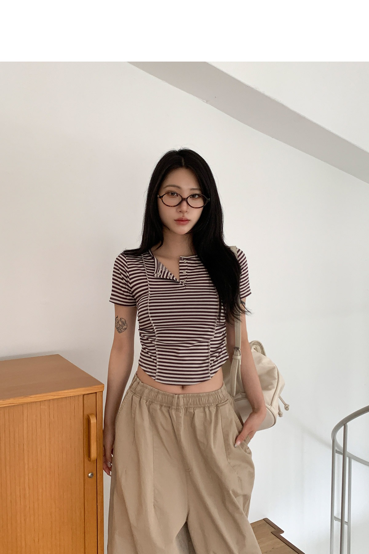PARTIMENTO WOMEN ボーダー 長袖 半袖 カットソー ボタン ボタンラインクロップド半袖ボーダーTシャツ | レディースファッション
