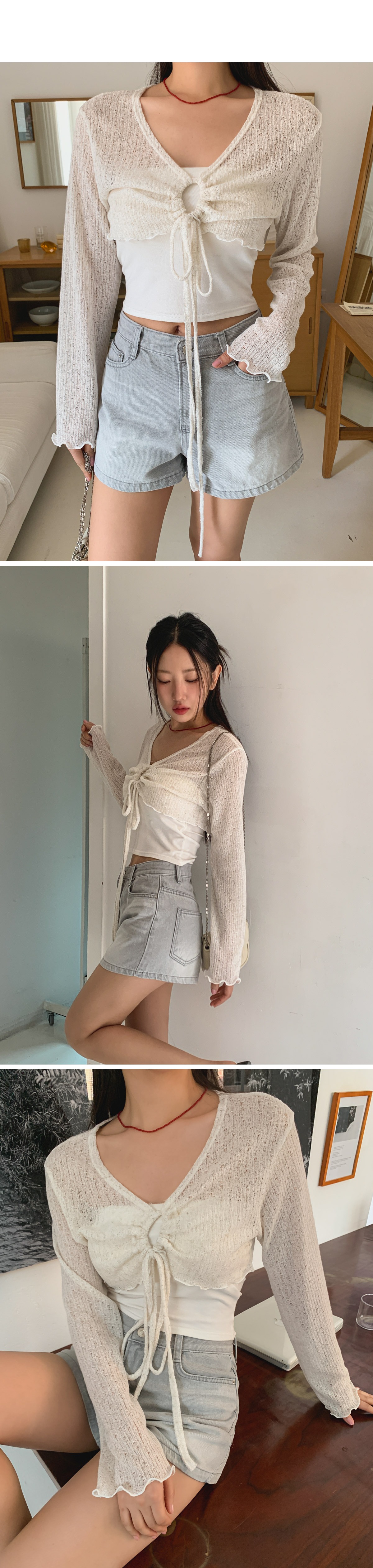 シースルーシャーリングドローストリングクロップドボレロ