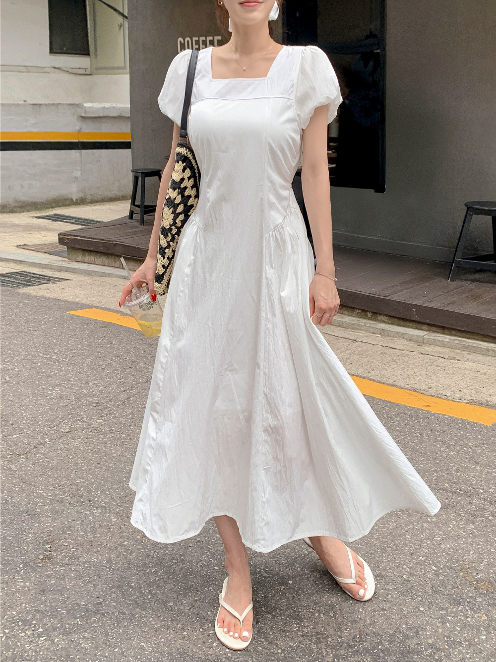 シュシュ付ロングパフスリーブ半袖スクエアネックAラインワンピース