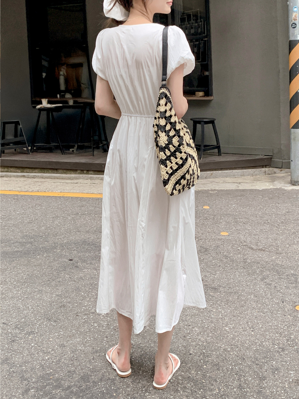 シュシュ付ロングパフスリーブ半袖スクエアネックAラインワンピース