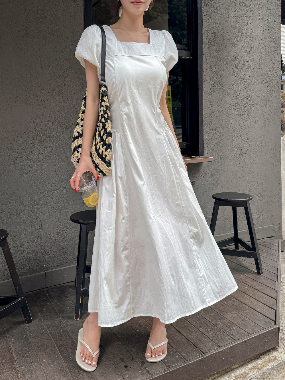 シュシュ付ロングパフスリーブ半袖スクエアネックAラインワンピース