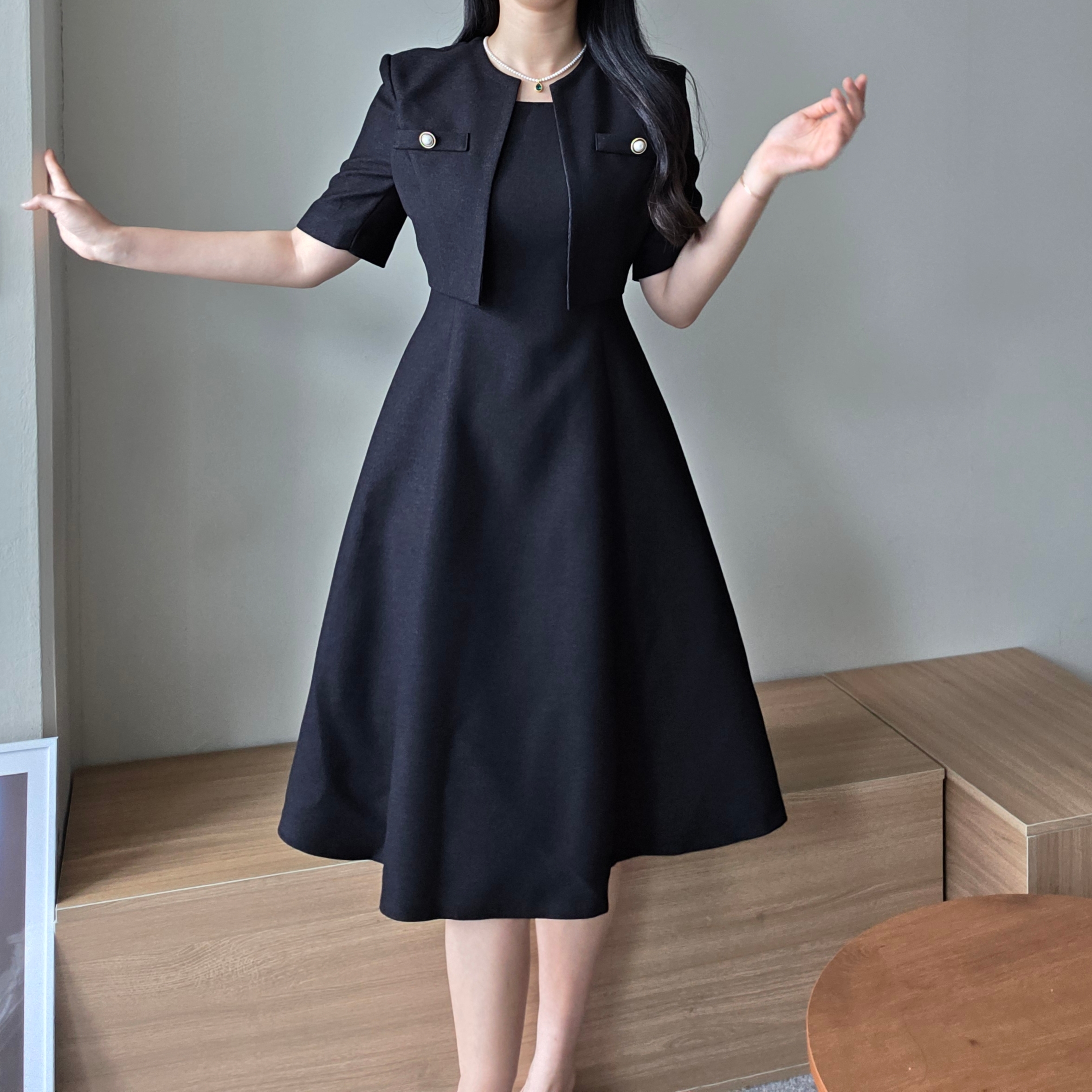 ★ChicLine★アルボン スクエアネック テープ Hラインワンピース Aライン肩パッドスクエアネックジップアップワンピース