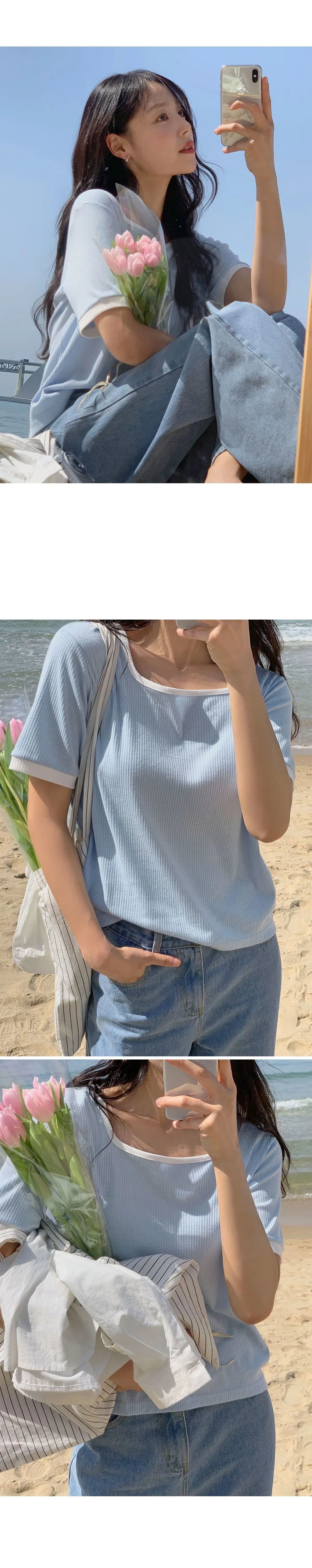 스타트 스퀘어넥 배색 골지티셔츠