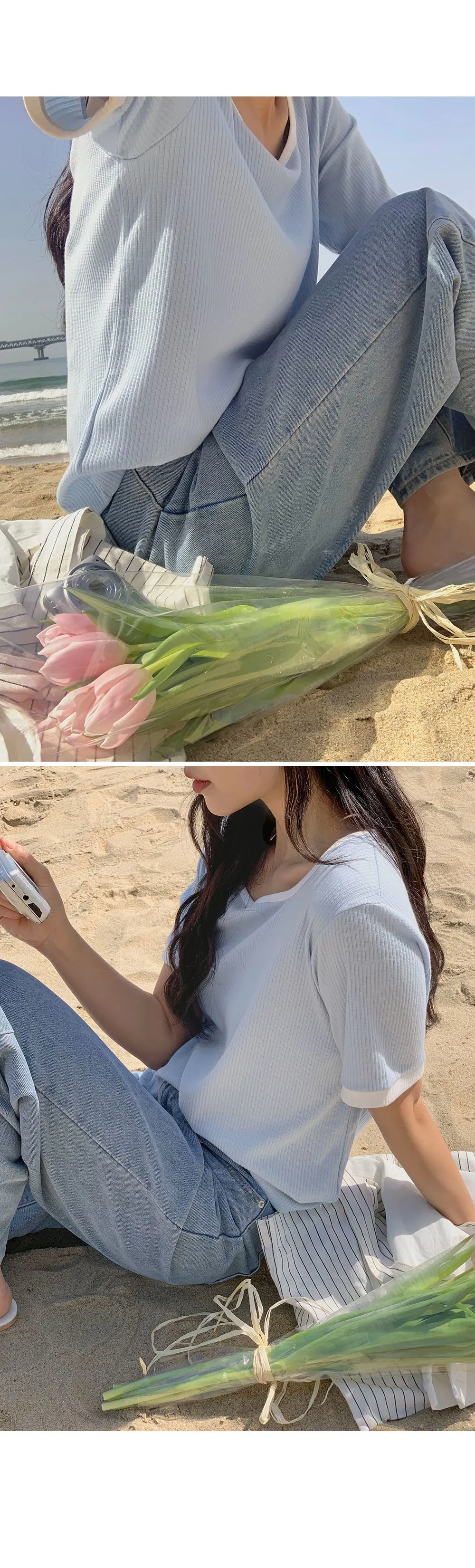스타트 스퀘어넥 배색 골지티셔츠