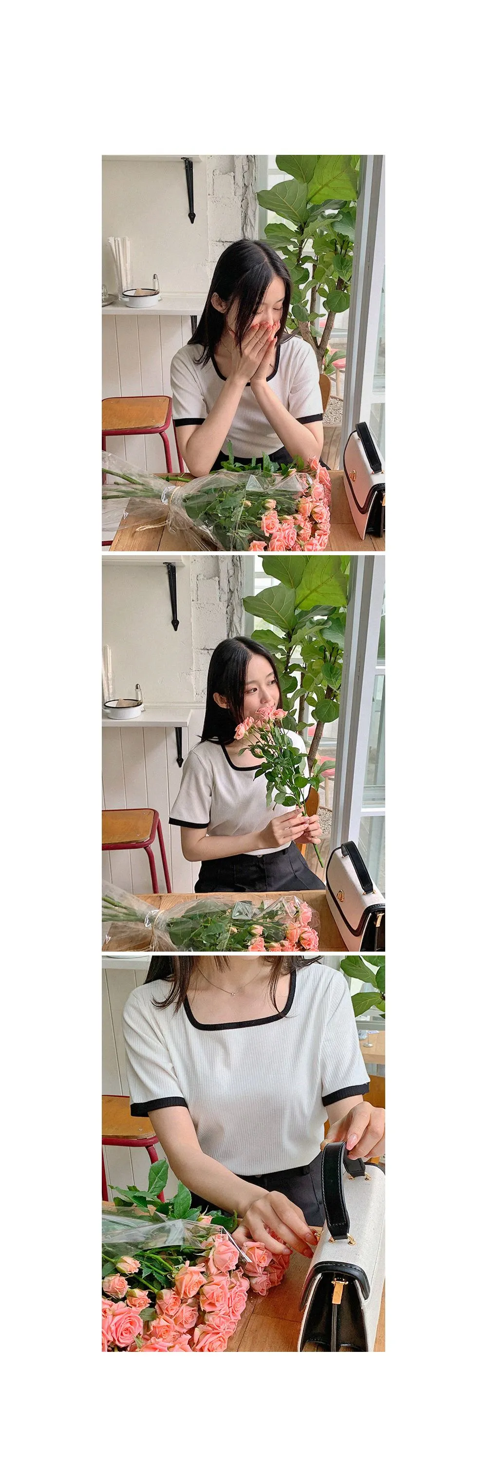 스타트 스퀘어넥 배색 골지티셔츠
