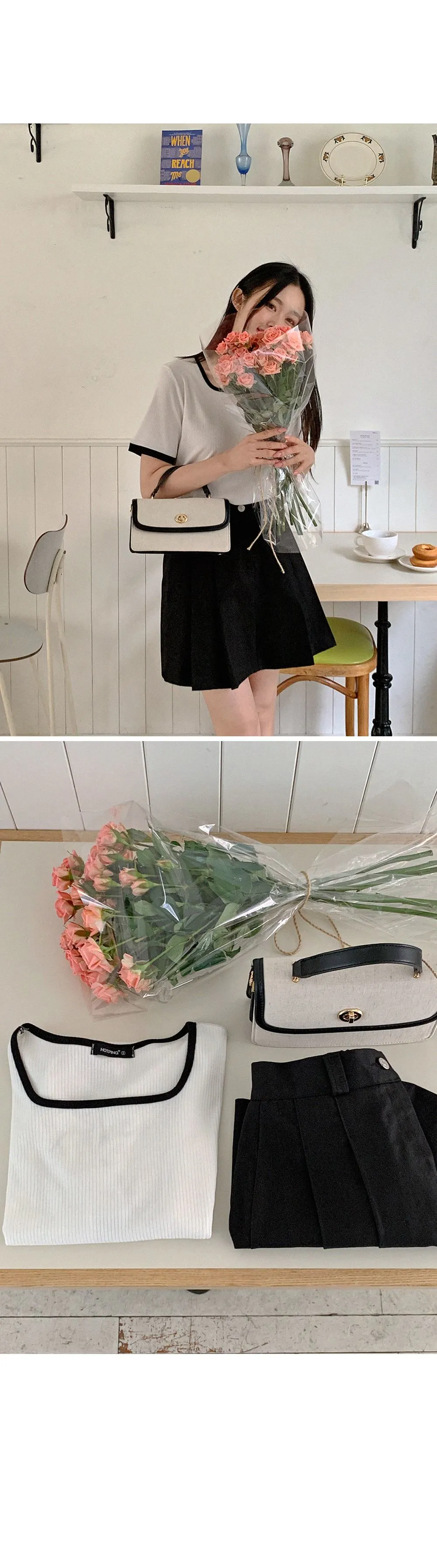 스타트 스퀘어넥 배색 골지티셔츠