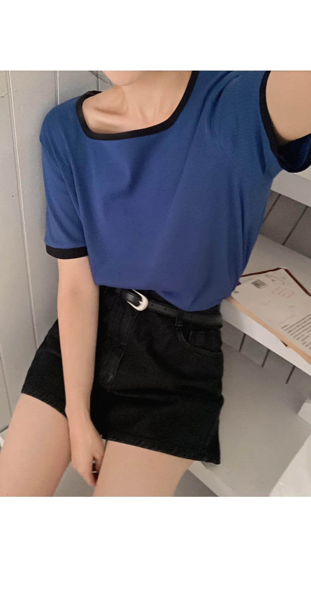 스타트 스퀘어넥 배색 골지티셔츠