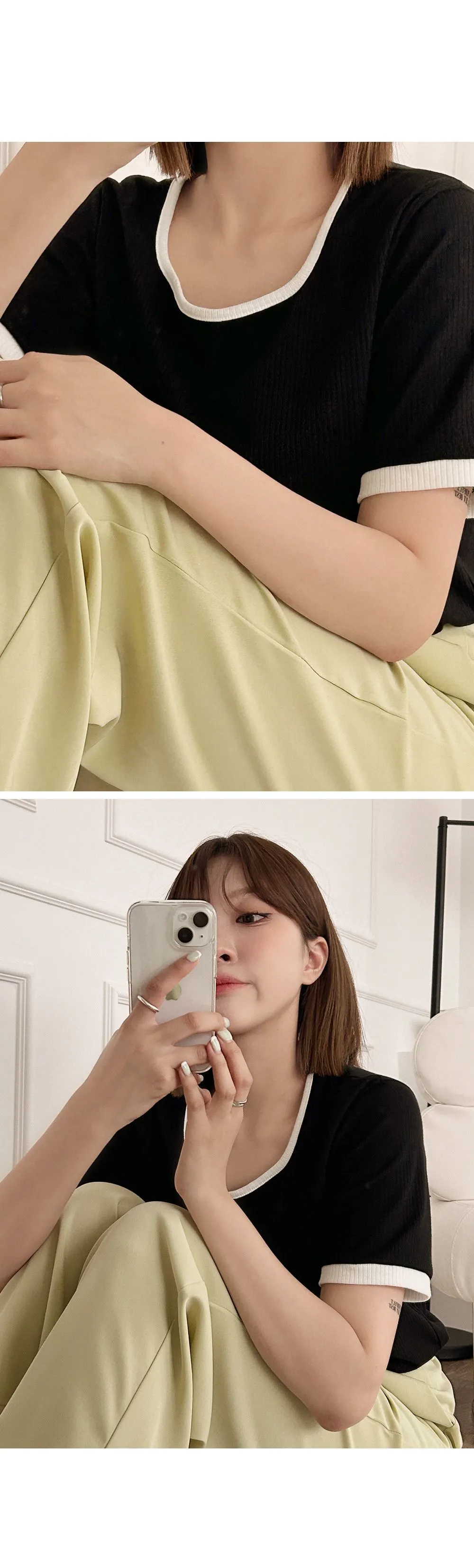 스타트 스퀘어넥 배색 골지티셔츠