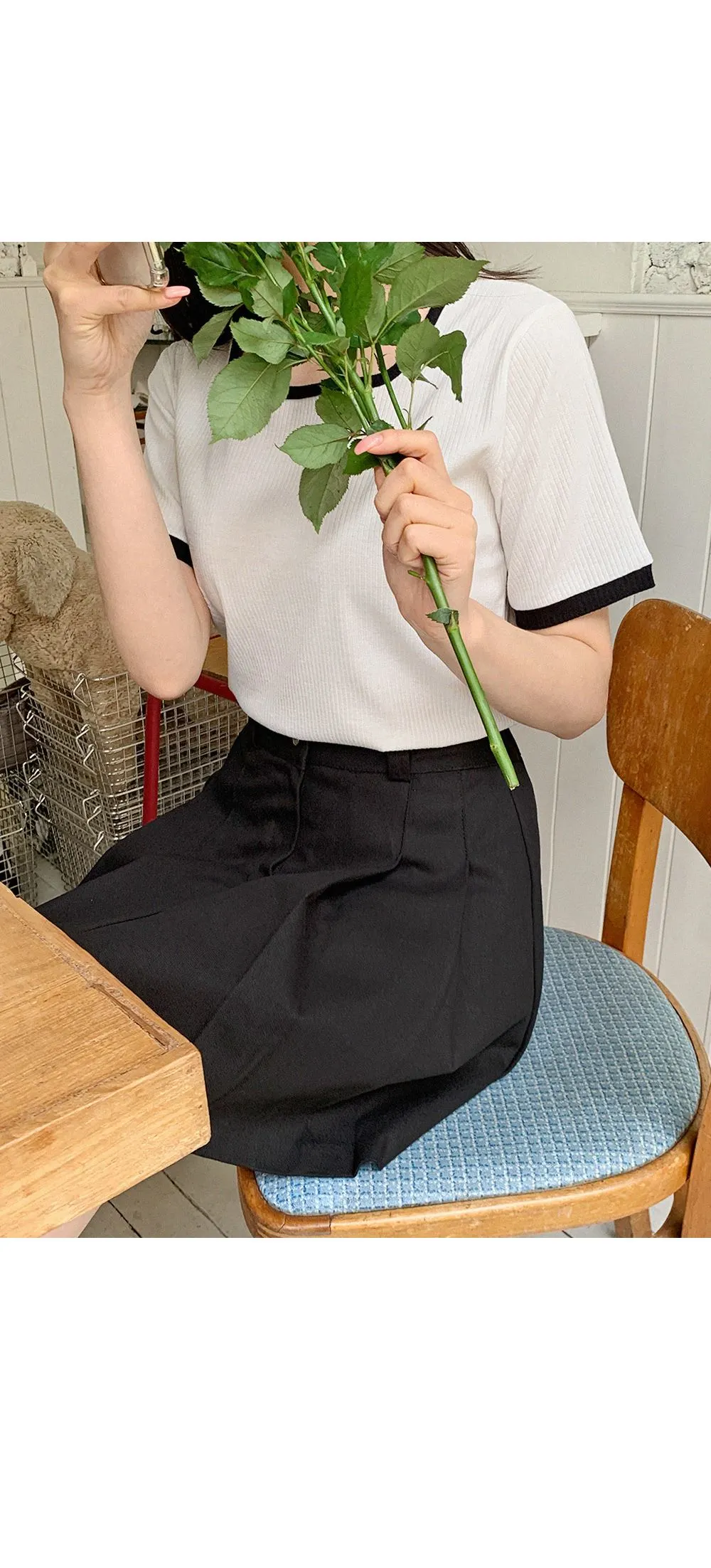 스타트 스퀘어넥 배색 골지티셔츠