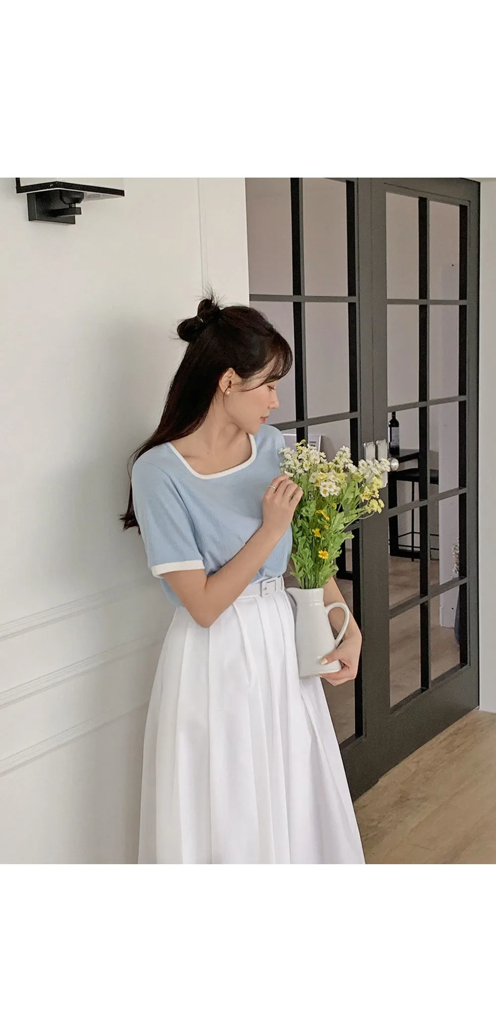 스타트 스퀘어넥 배색 골지티셔츠