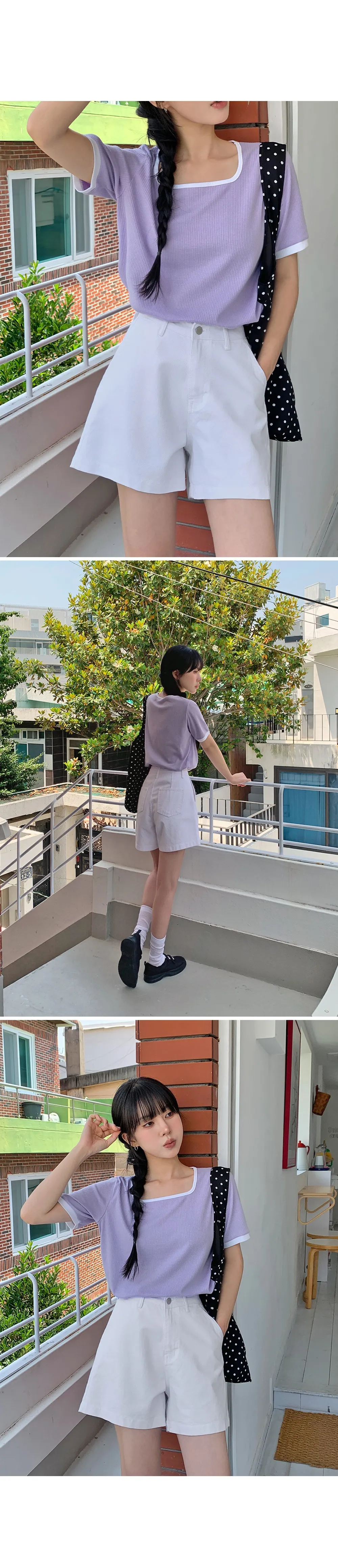 스타트 스퀘어넥 배색 골지티셔츠