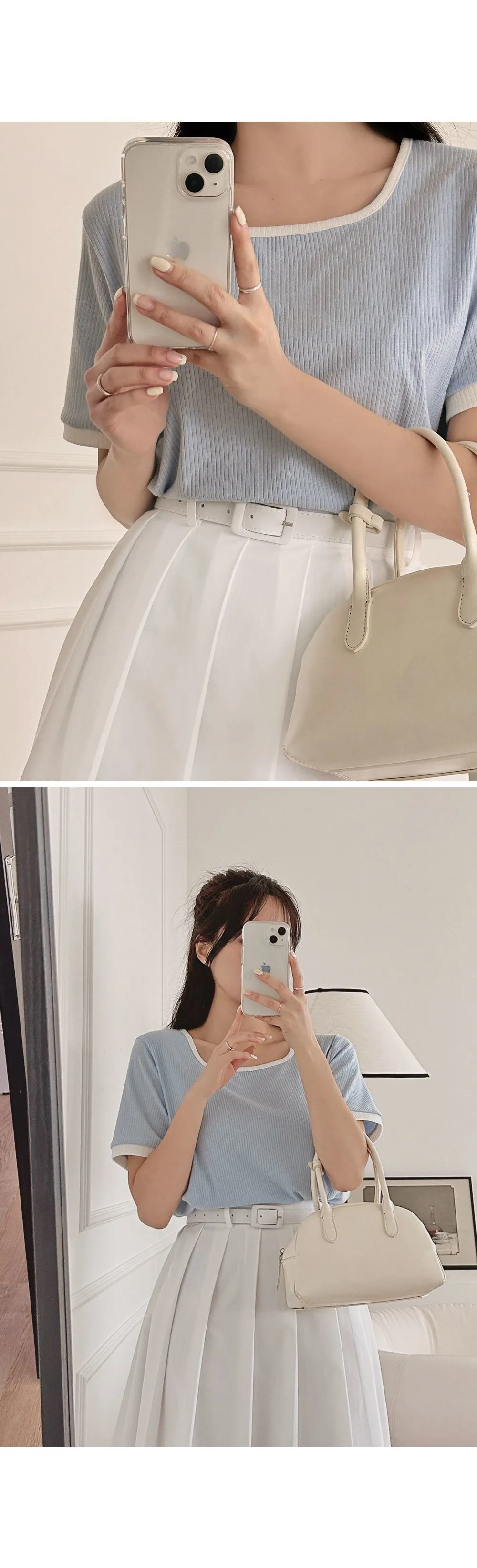 스타트 스퀘어넥 배색 골지티셔츠