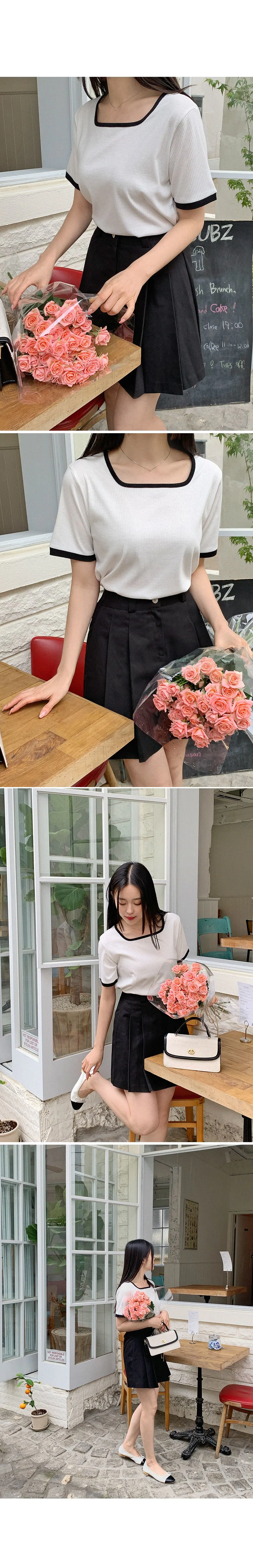 스타트 스퀘어넥 배색 골지티셔츠