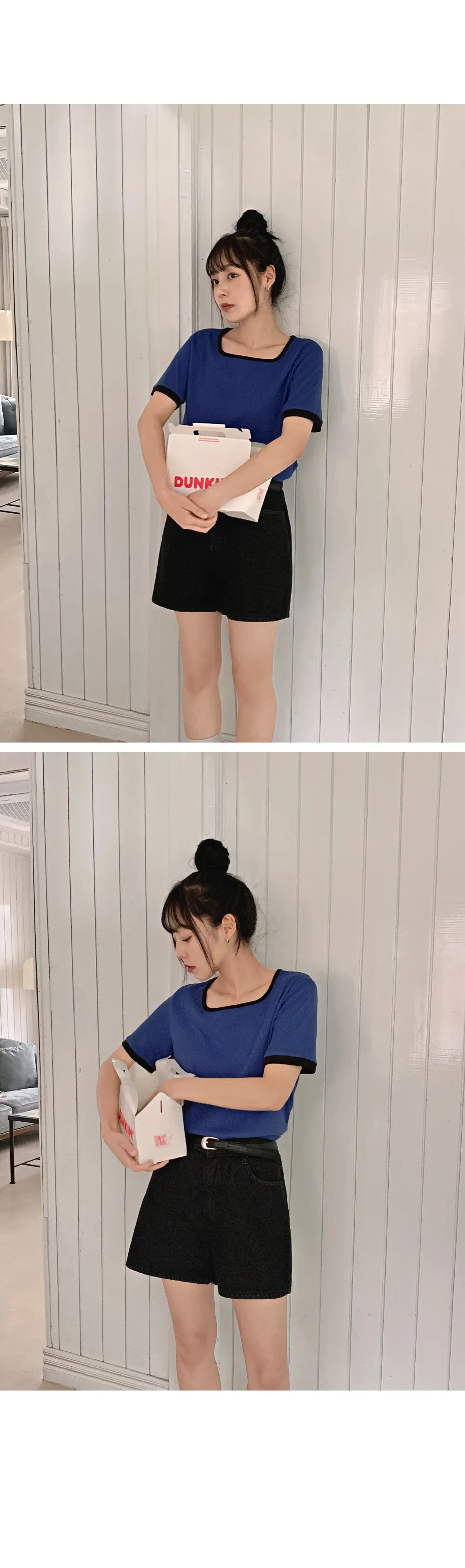스타트 스퀘어넥 배색 골지티셔츠