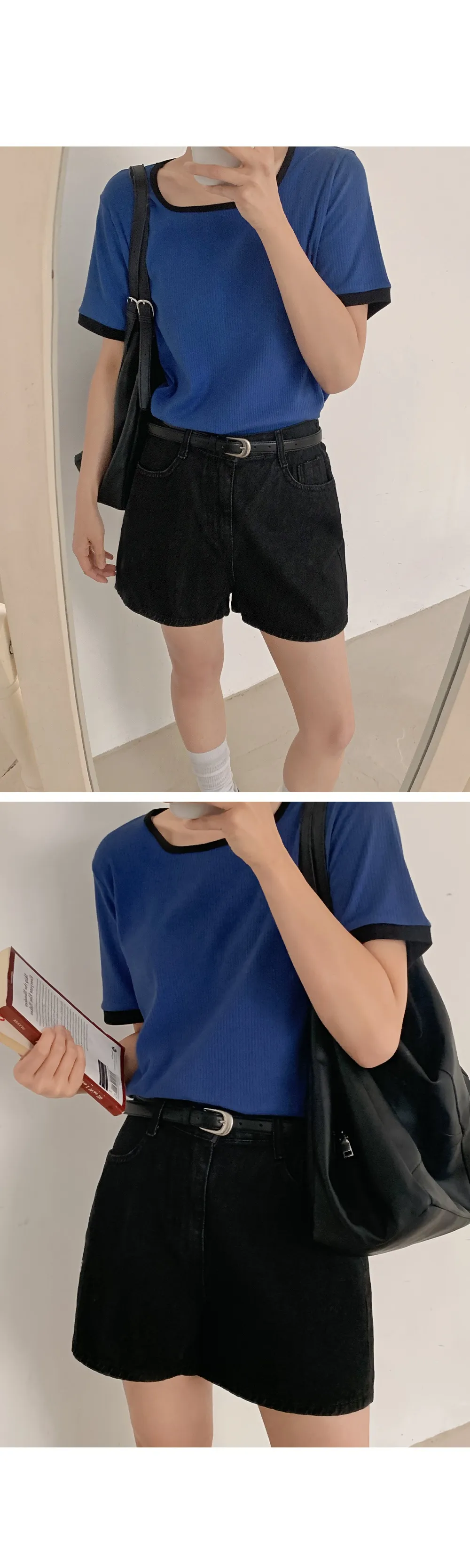 스타트 스퀘어넥 배색 골지티셔츠