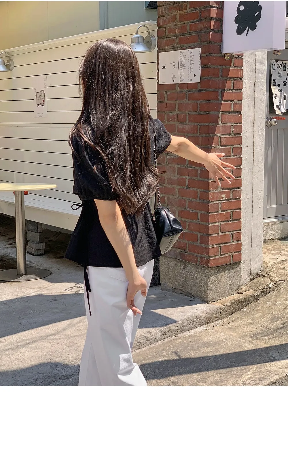 마인듀 브이넥 허리스트링 반팔 체크 블라우스