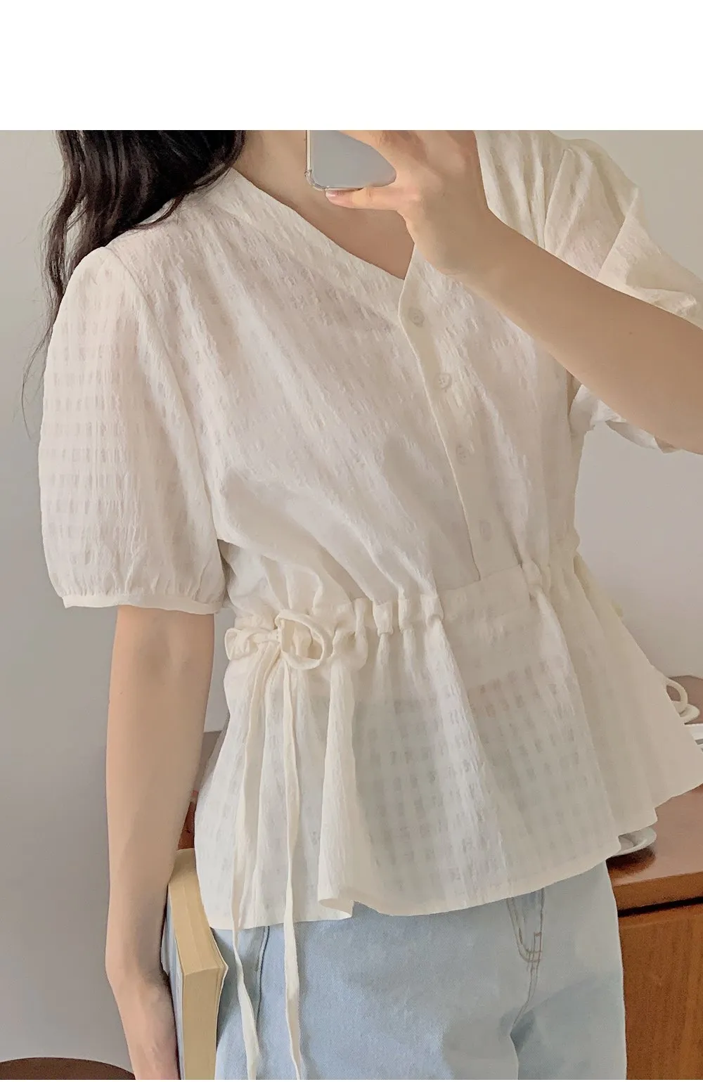 마인듀 브이넥 허리스트링 반팔 체크 블라우스