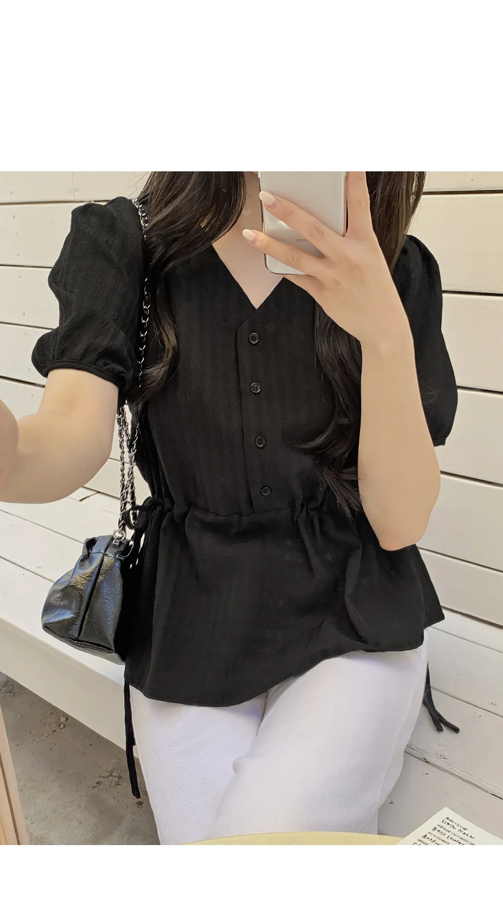 마인듀 브이넥 허리스트링 반팔 체크 블라우스