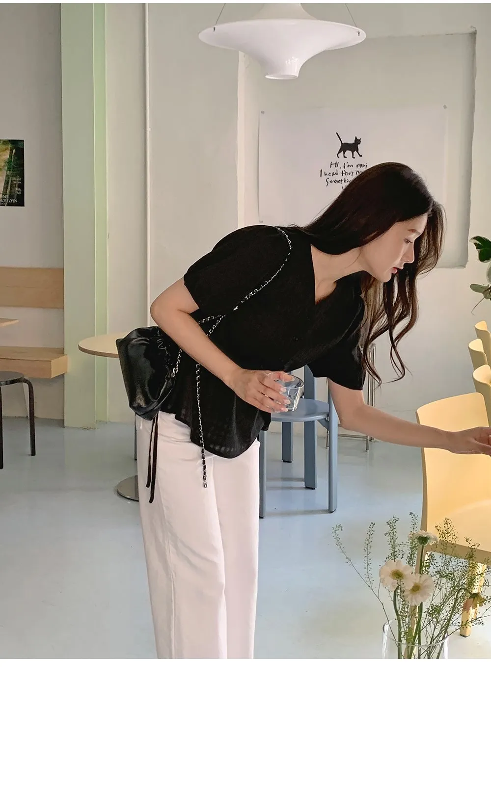 마인듀 브이넥 허리스트링 반팔 체크 블라우스