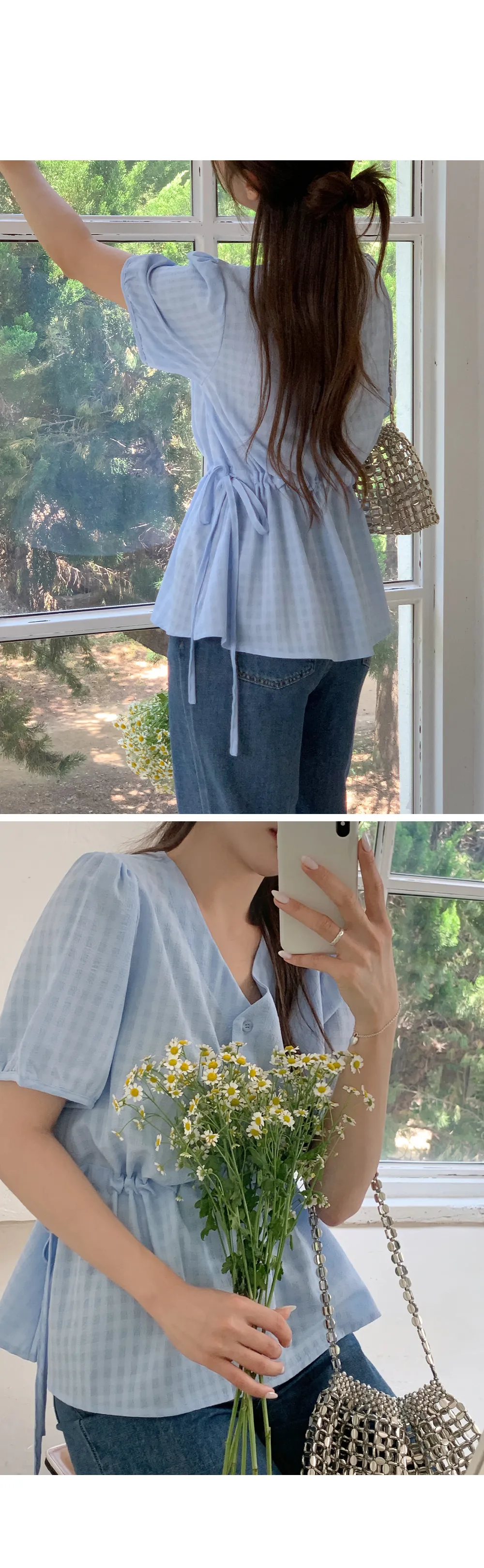 마인듀 브이넥 허리스트링 반팔 체크 블라우스