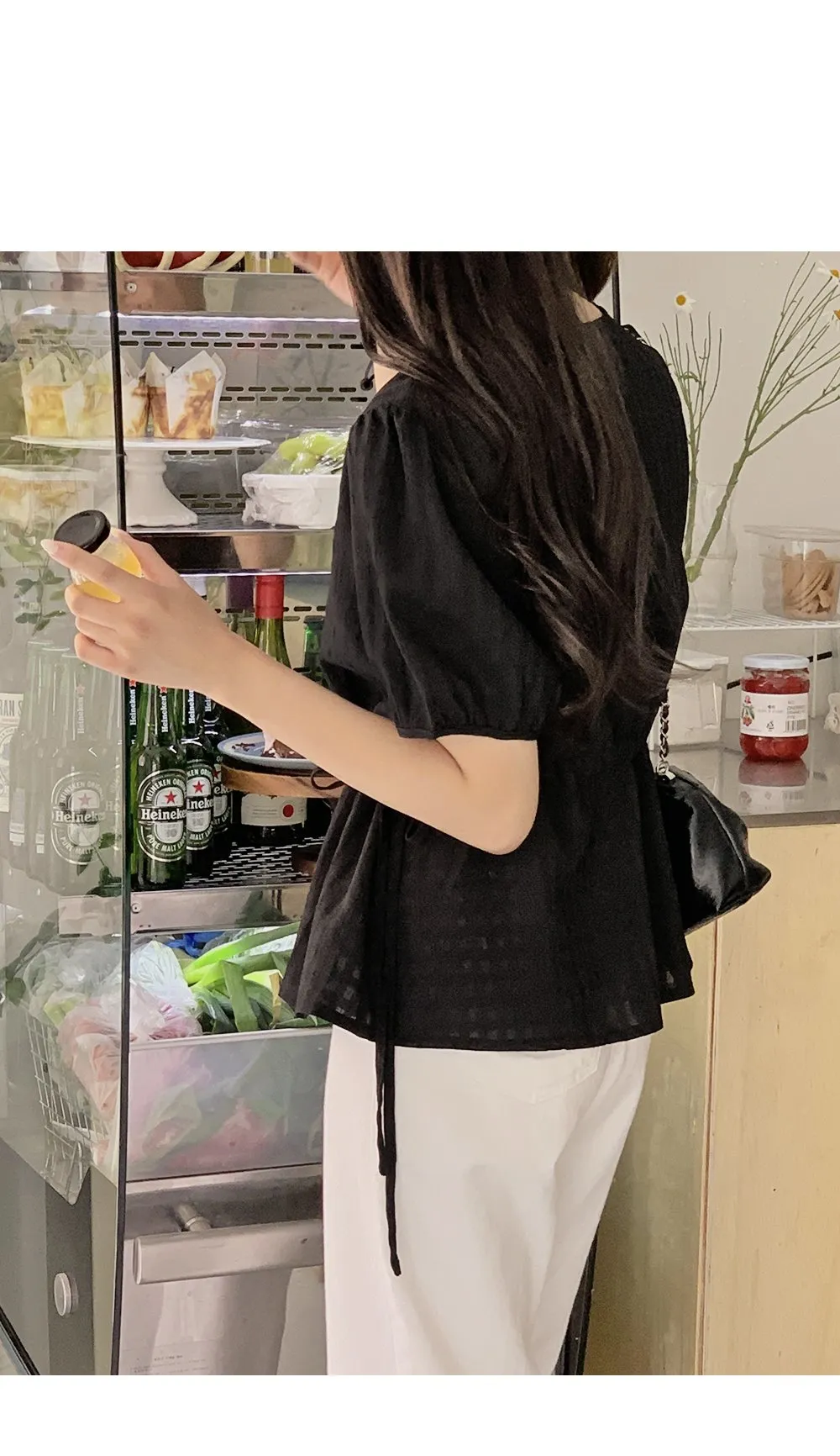 마인듀 브이넥 허리스트링 반팔 체크 블라우스