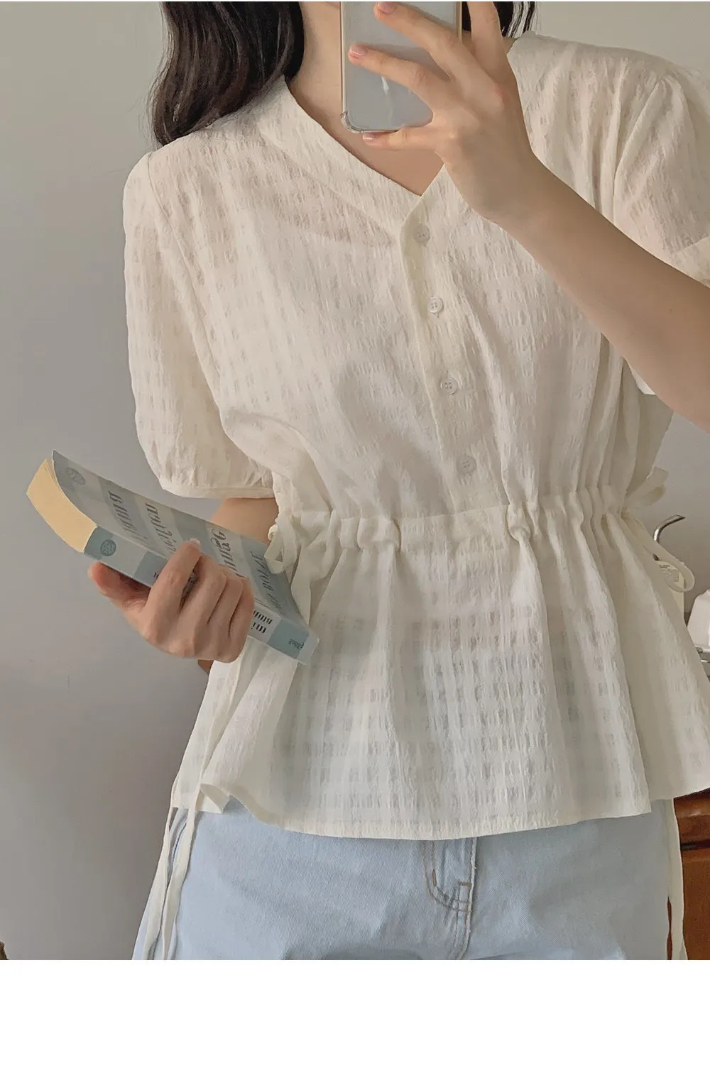마인듀 브이넥 허리스트링 반팔 체크 블라우스