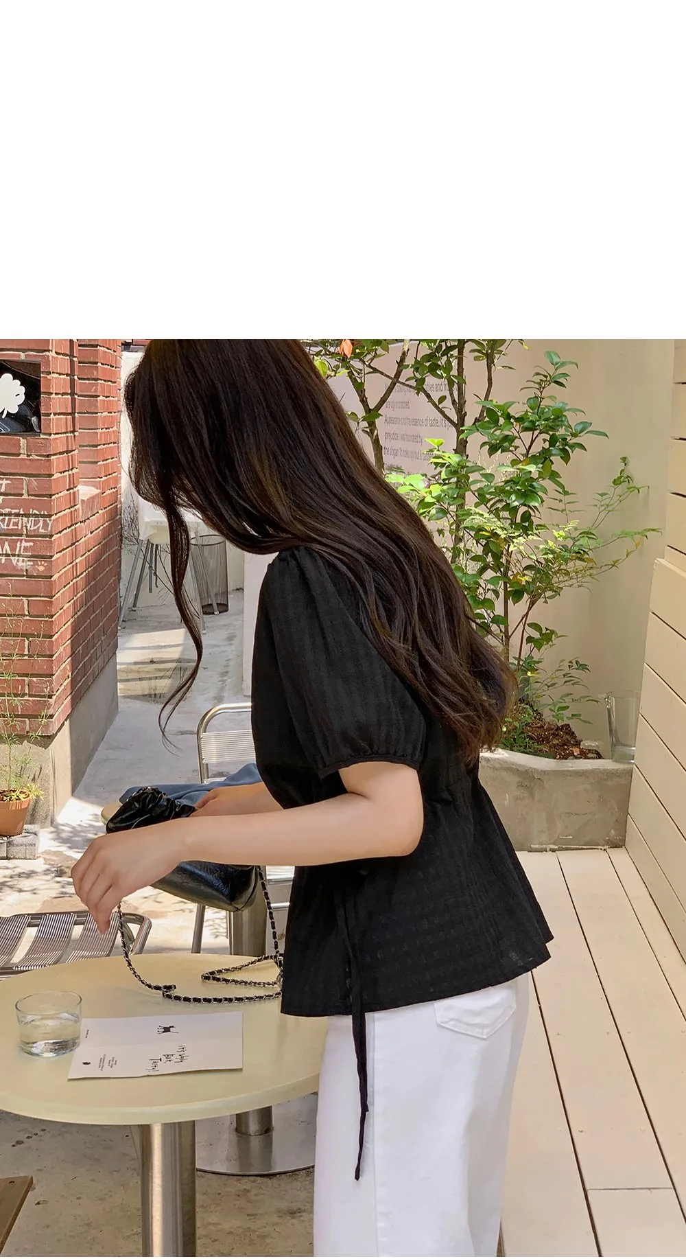 마인듀 브이넥 허리스트링 반팔 체크 블라우스