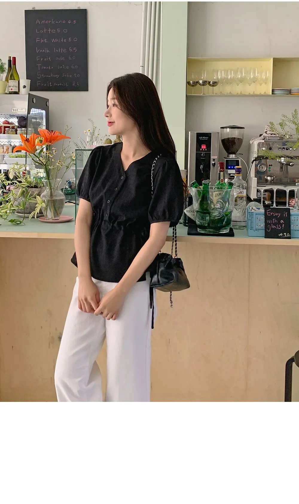 마인듀 브이넥 허리스트링 반팔 체크 블라우스