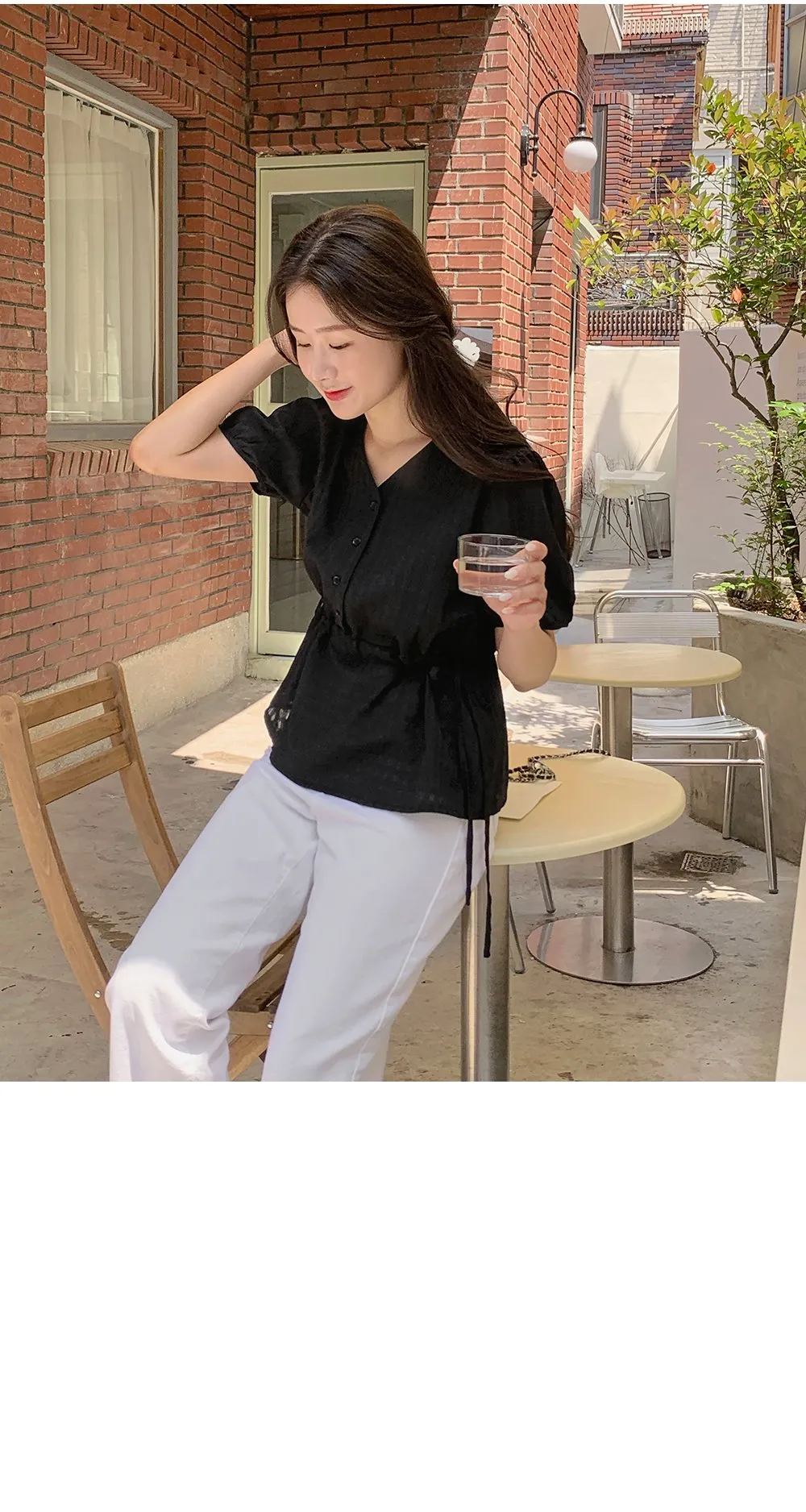 마인듀 브이넥 허리스트링 반팔 체크 블라우스