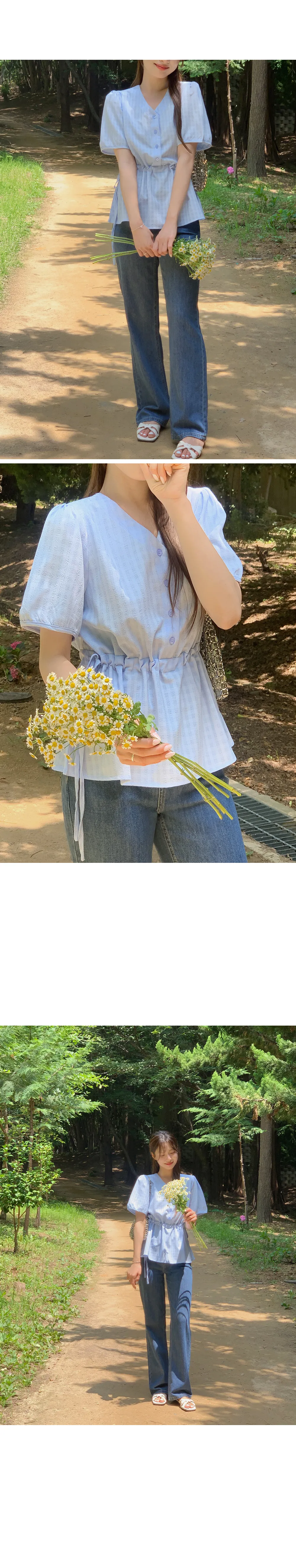 마인듀 브이넥 허리스트링 반팔 체크 블라우스