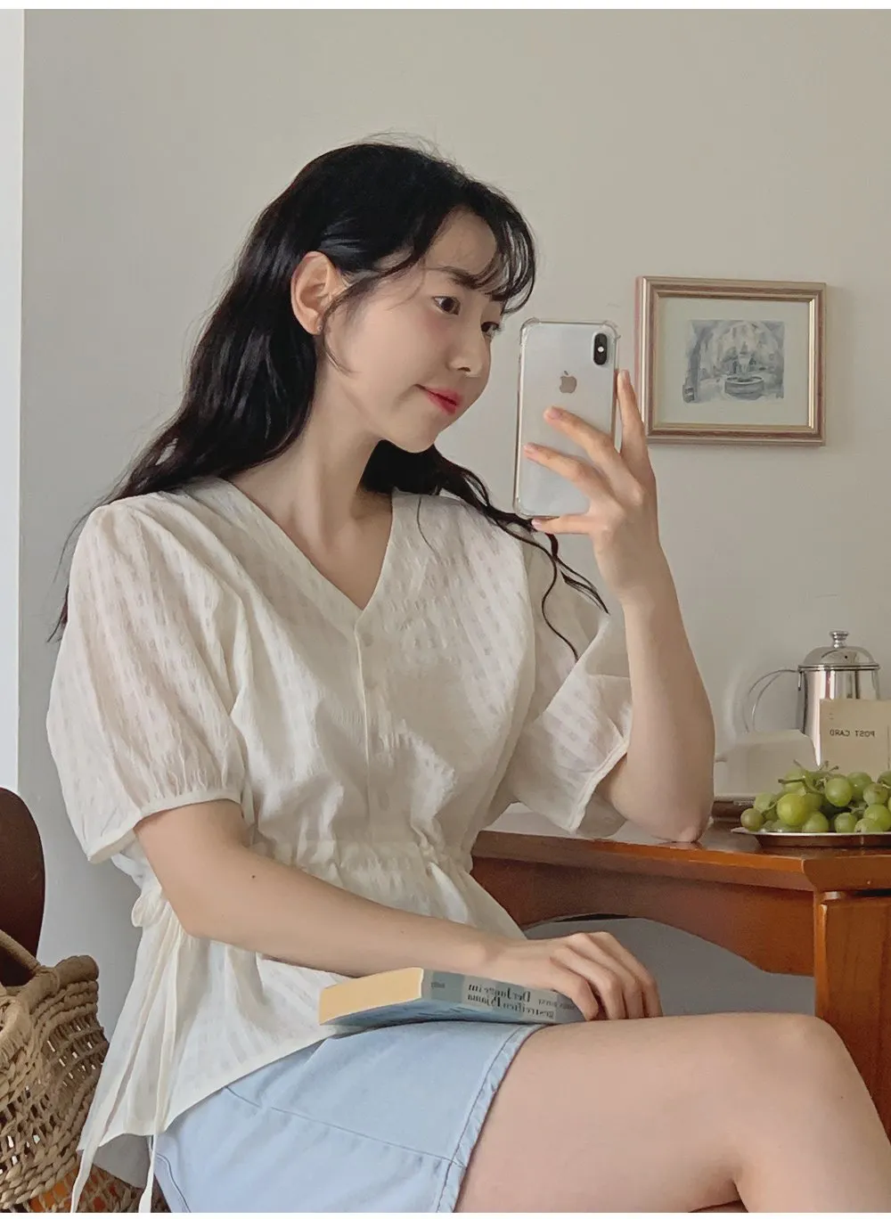 마인듀 브이넥 허리스트링 반팔 체크 블라우스