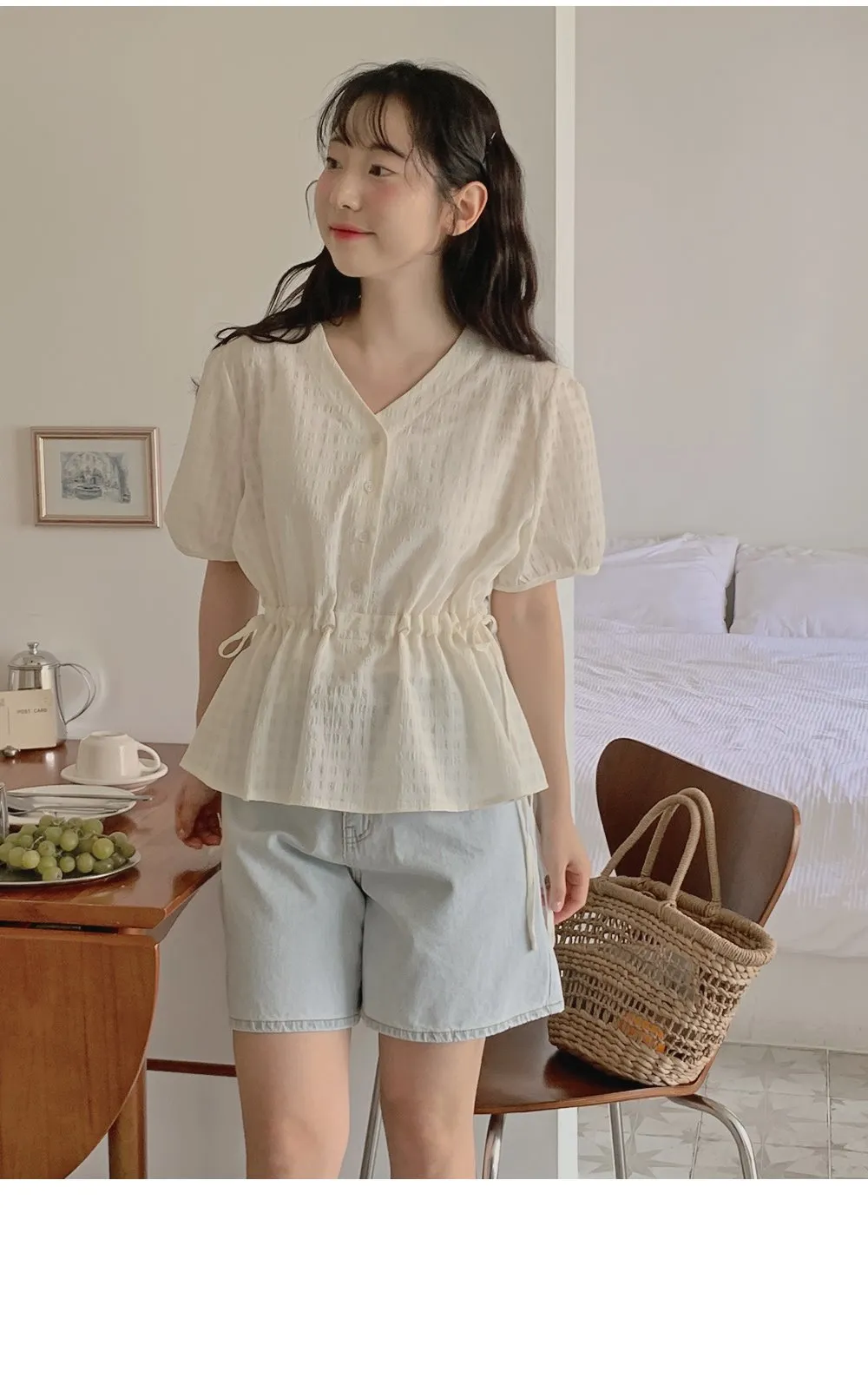 마인듀 브이넥 허리스트링 반팔 체크 블라우스