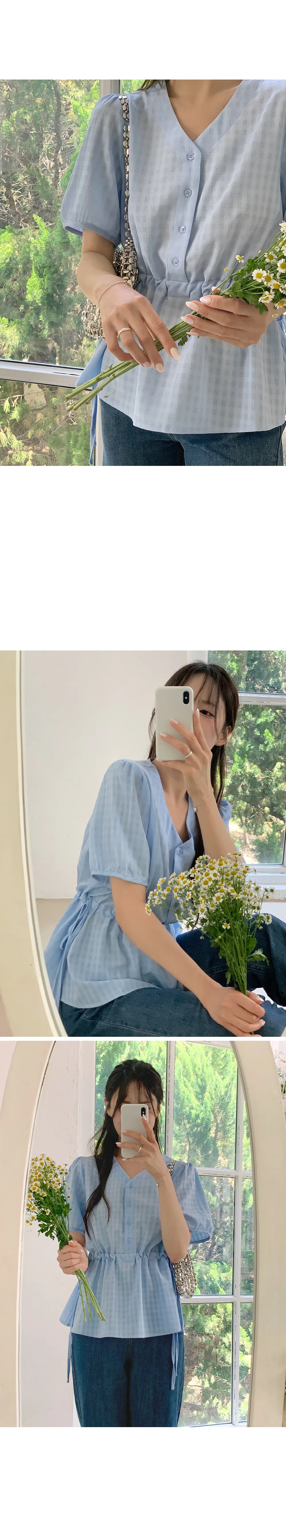 마인듀 브이넥 허리스트링 반팔 체크 블라우스