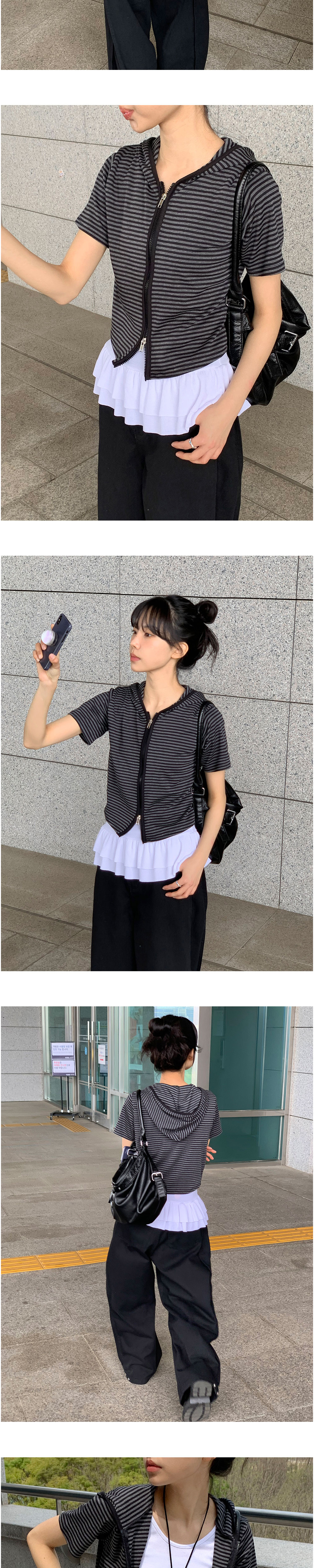 ジップアップクロップド半袖ボーダーSSジップパーカー | レディース