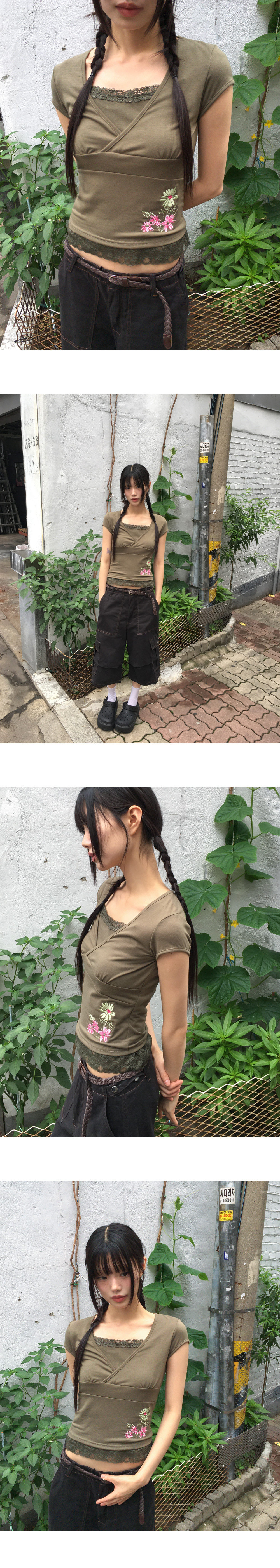 Vネック半袖花柄刺繍Tシャツ | レディースファッション通販 - DHOLIC