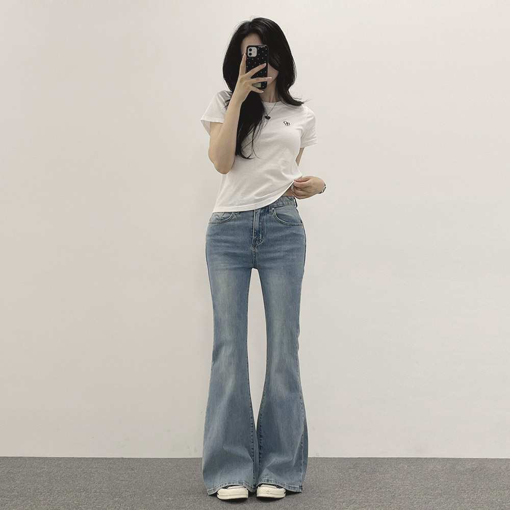 ハイウエスト ブーツカットデニムライトブルー デニムブーツカットパンツ レディース ジーンズ デニムパンツ