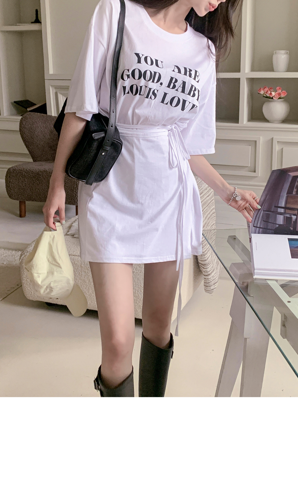 ラウンドネック ストラップ付 Tシャツワンピース ロング丈 半袖 ストラップ付ミニ半袖ラウンドネックロングロゴワンピースT