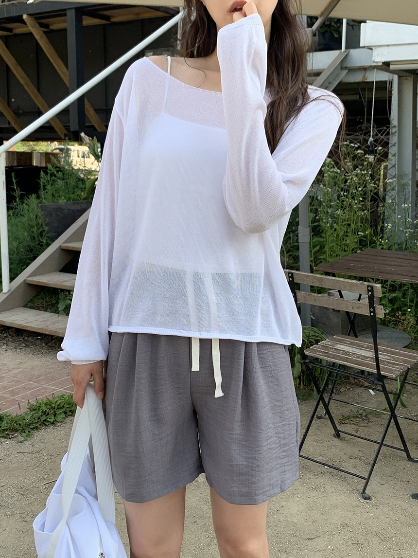 シースルーリネンオフショルダールーズ長袖夏ニット | レディース