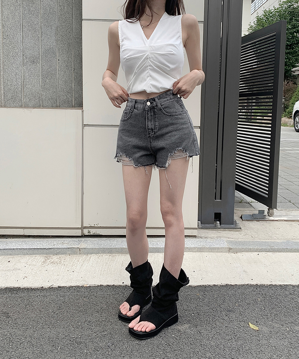 Aラインカットショートダメージデニムパンツショートパンツ