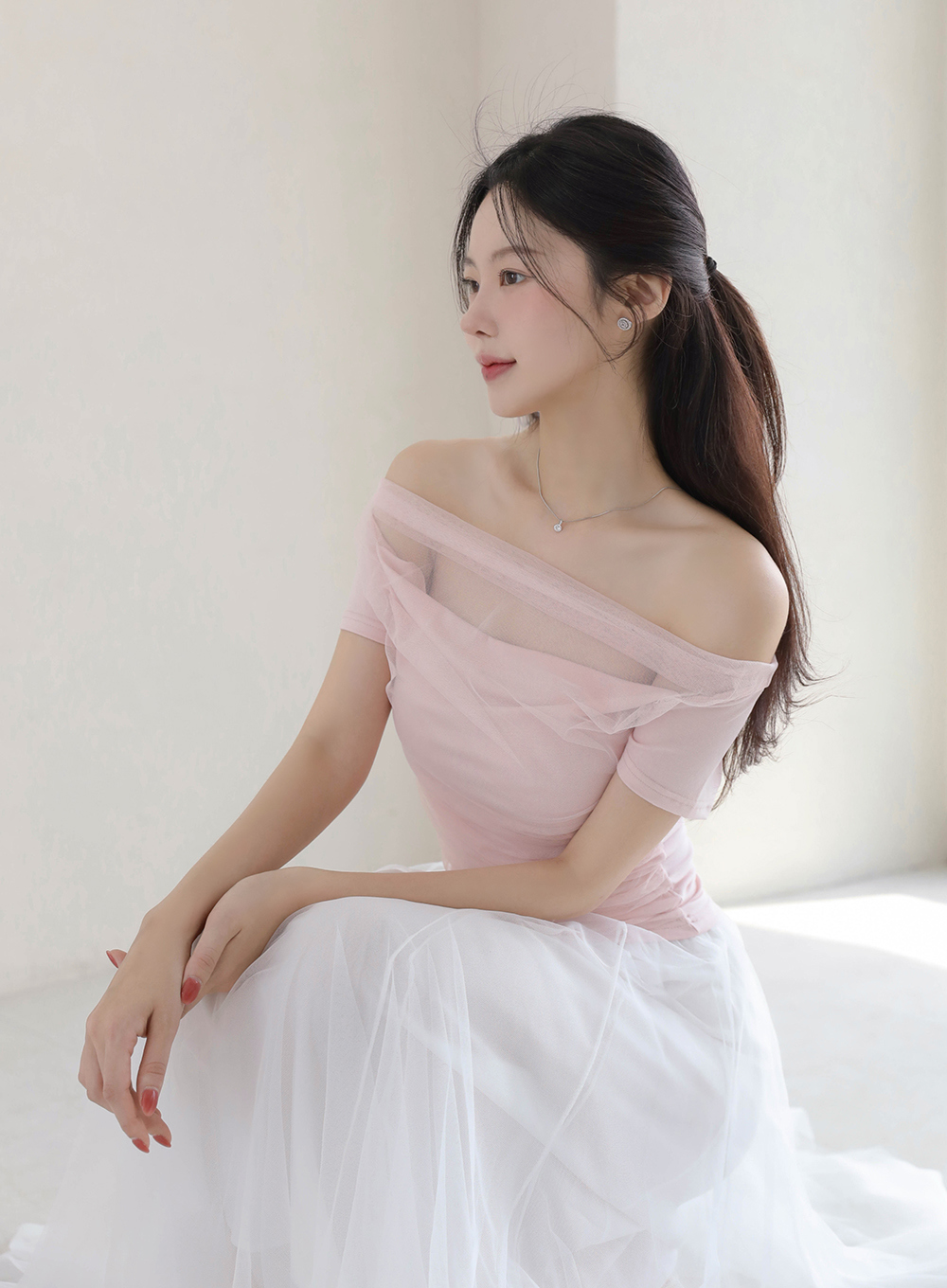 シースルードレープオフショルダー半袖Tシャツ | レディース