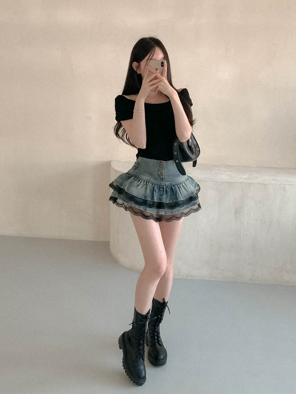 デニムボタンティアードレイヤード風フレアミニレーススカートパンツ