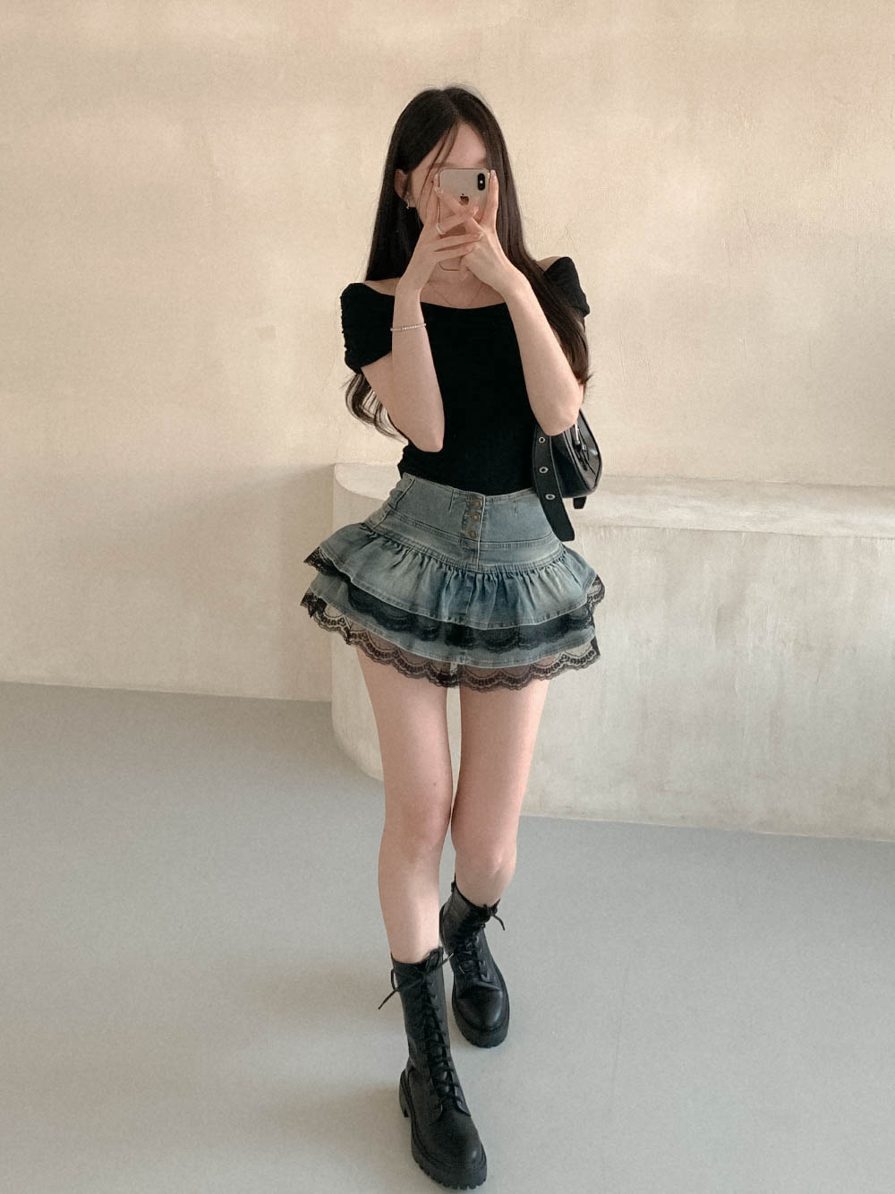 デニムボタンティアードレイヤード風フレアミニレーススカートパンツ