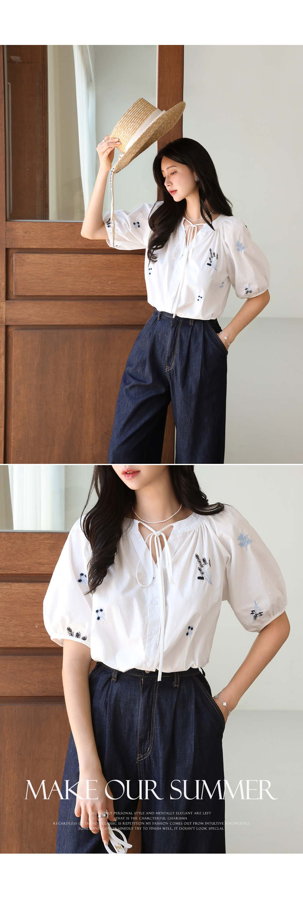 パフスリーブ刺繍リボンギャザーボタン花柄ブラウス